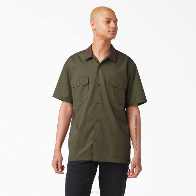 camisa de trabajo con cuello cuadrado de vincent alvarez hombres Dickies verde militar (ml) N8N0758 ropa de trabajo