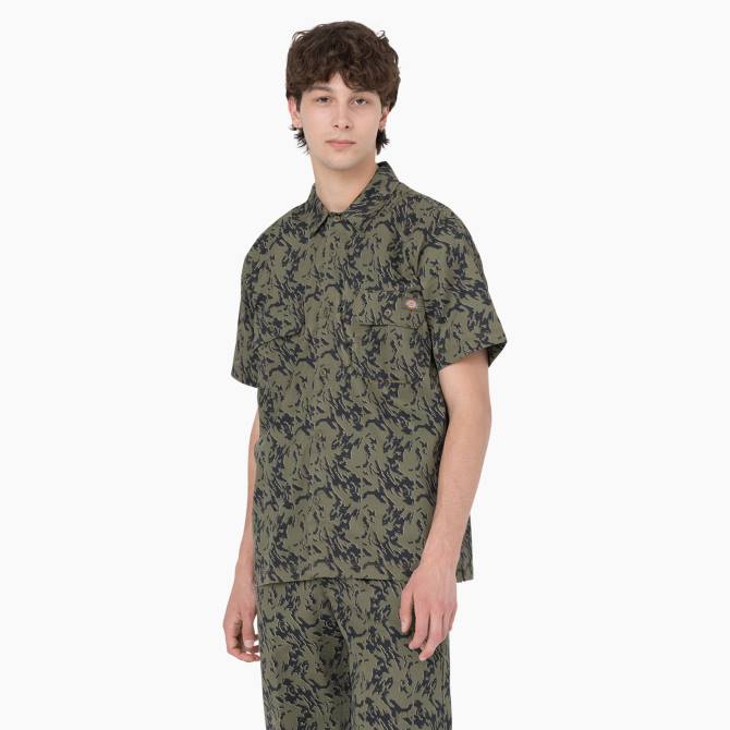camisa de trabajo de manga corta de camuflaje de Drawsey hombres Dickies camuflaje verde militar glitch (mpe) N8N0922 ropa de trabajo