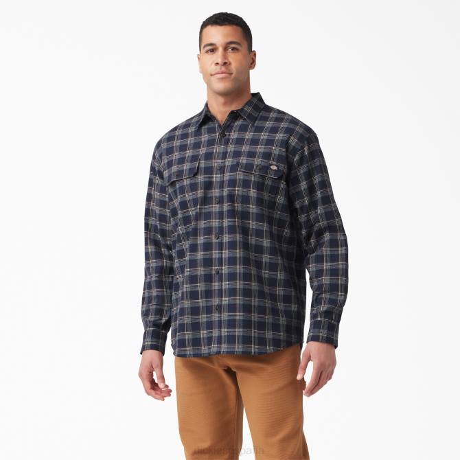 camisa de franela de manga larga flexible hombres Dickies cuadros escoceses azul marino tinta/marrón chocolate (b1r) N8N0723 ropa de trabajo