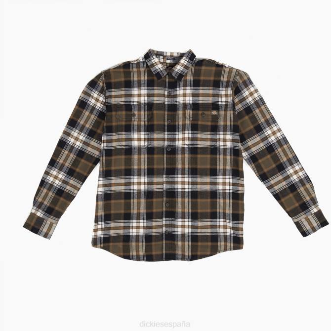 camisa de franela de manga larga flexible hombres Dickies verde oliva oscuro/cuadros negros (b1k) N8N0722 ropa de trabajo
