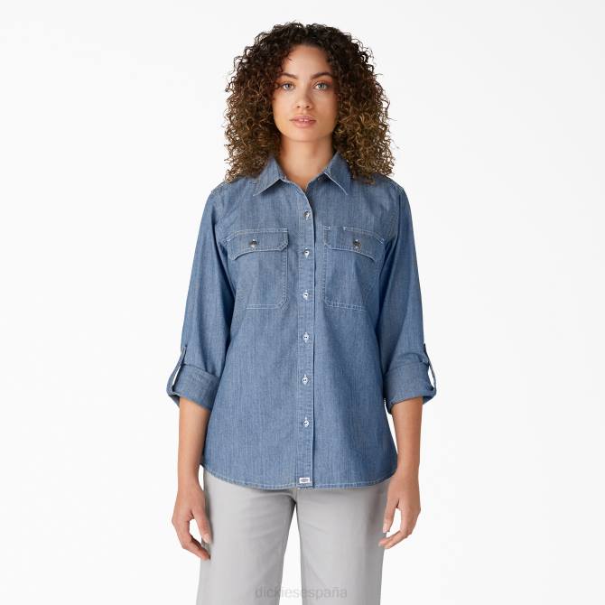 camisa de trabajo de cambray con lengüeta enrollable de manga larga mujer Dickies azul claro lavado a la piedra (lsw) N8N02045 ropa de trabajo