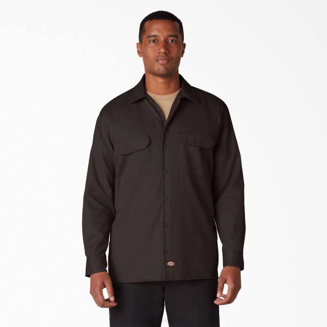 camisa de trabajo de manga larga hombres Dickies marrón oscuro (db) N8N0559 ropa de trabajo