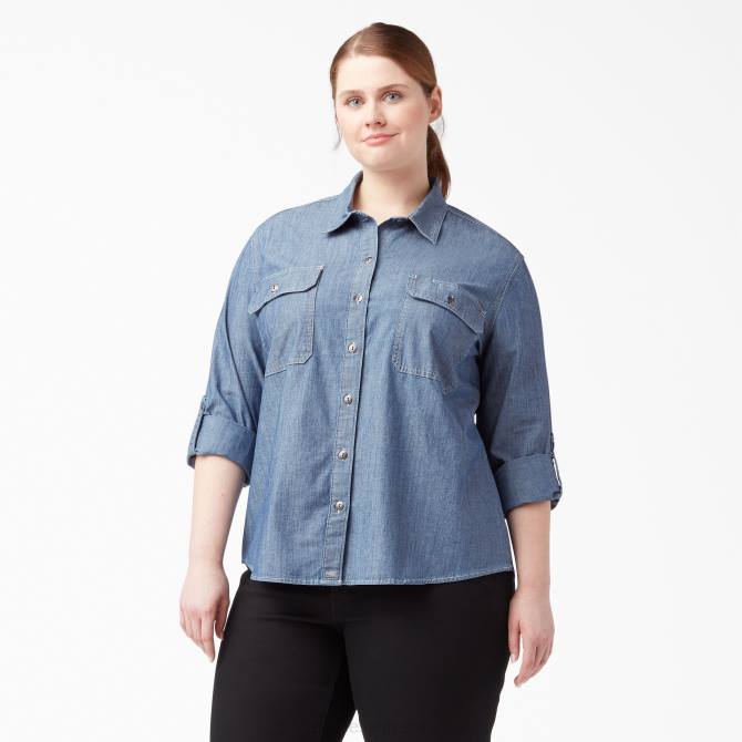 camisa de trabajo con lengüeta enrollable de manga larga de cambray plus mujer Dickies azul claro lavado a la piedra (lsw) N8N02125 ropa de trabajo