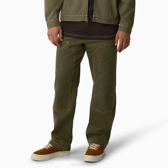 pantalones con doble frente y costuras en contraste de pato hombres Dickies verde militar lavado a la piedra (smw) N8N0247 vestir
