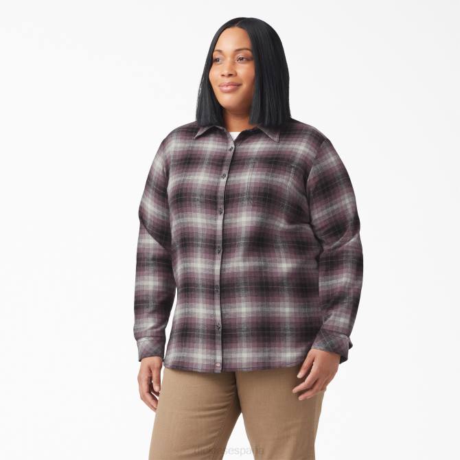 camisa de franela a cuadros de manga larga plus mujer Dickies tela escocesa de las tierras altas de color púrpura polvoriento (b2x) N8N02207 vestir