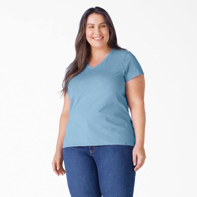 camiseta de manga corta con cuello de pico plus mujer Dickies azul polvoriento (dl) N8N02035 vestir